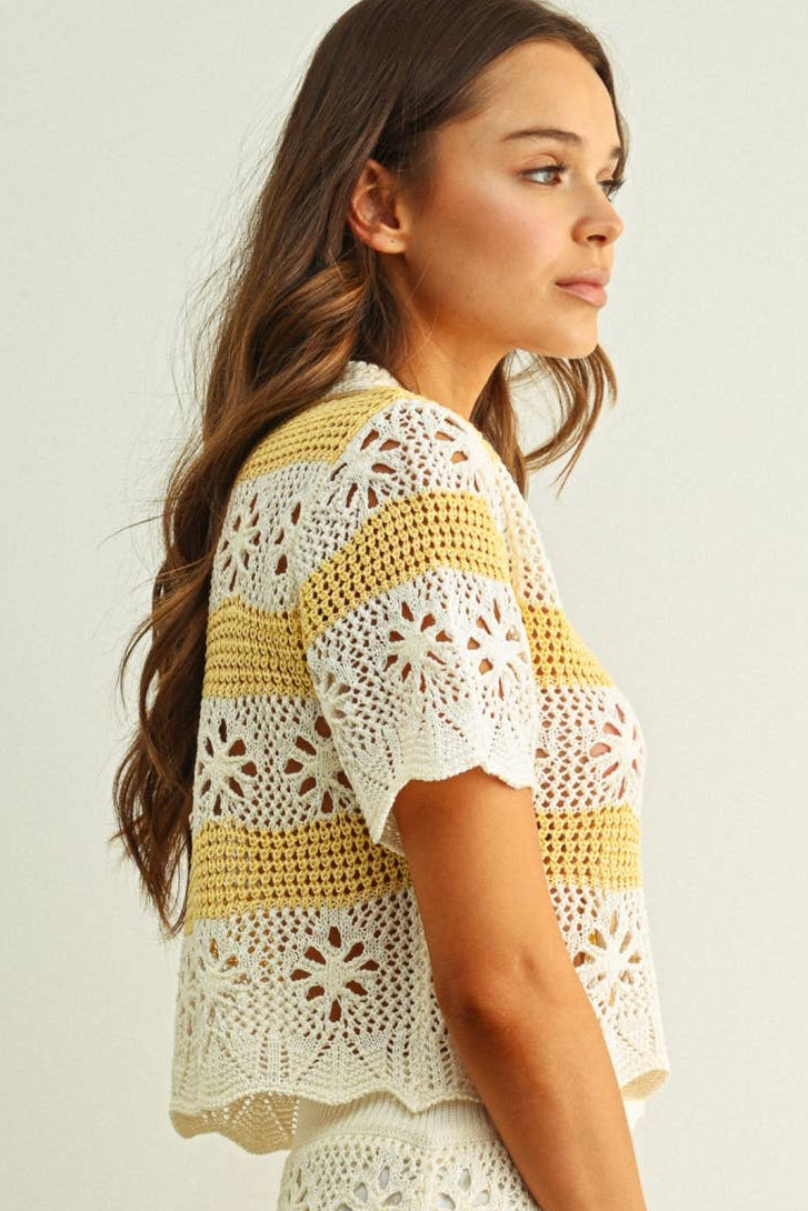 FLORAL CROCHET KNIT TOP: CREAM/CUSTARD