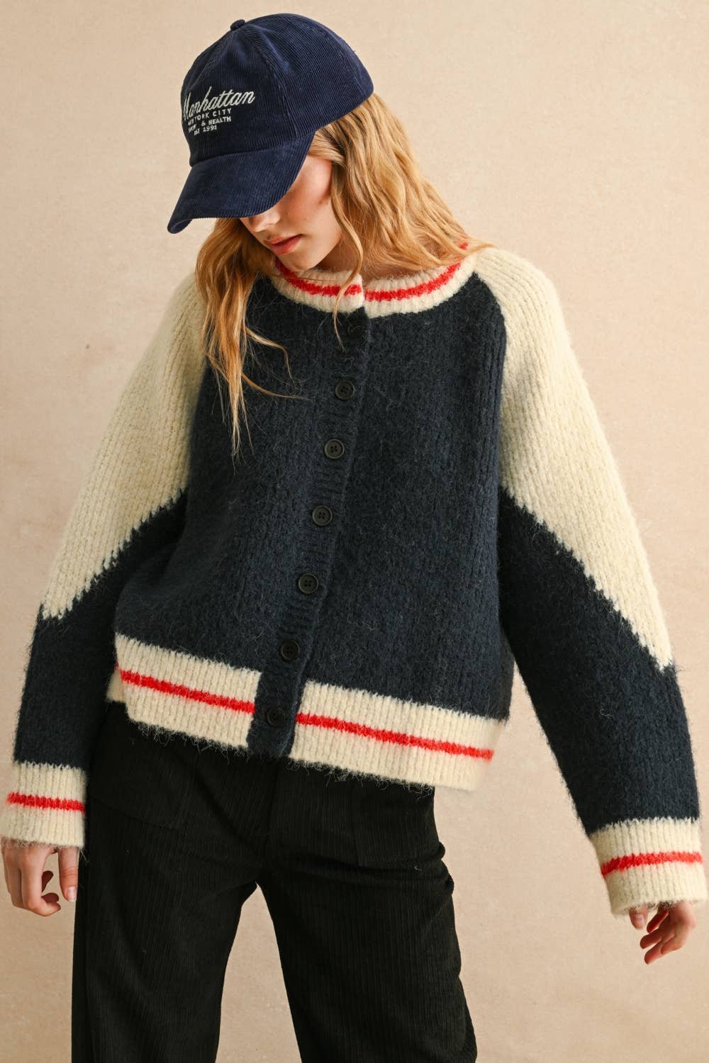 SWEATER BOMBER JACKET: NAVY/CREAM