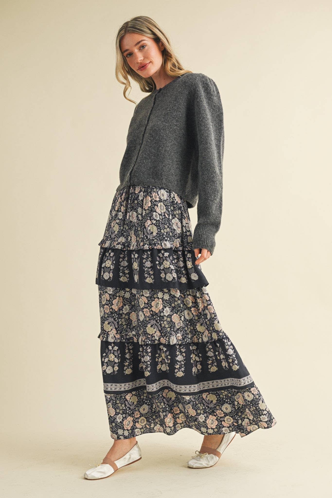 HEAVY PUFF SLEEVE SWEATER CARDIGAN: CHARCOAL