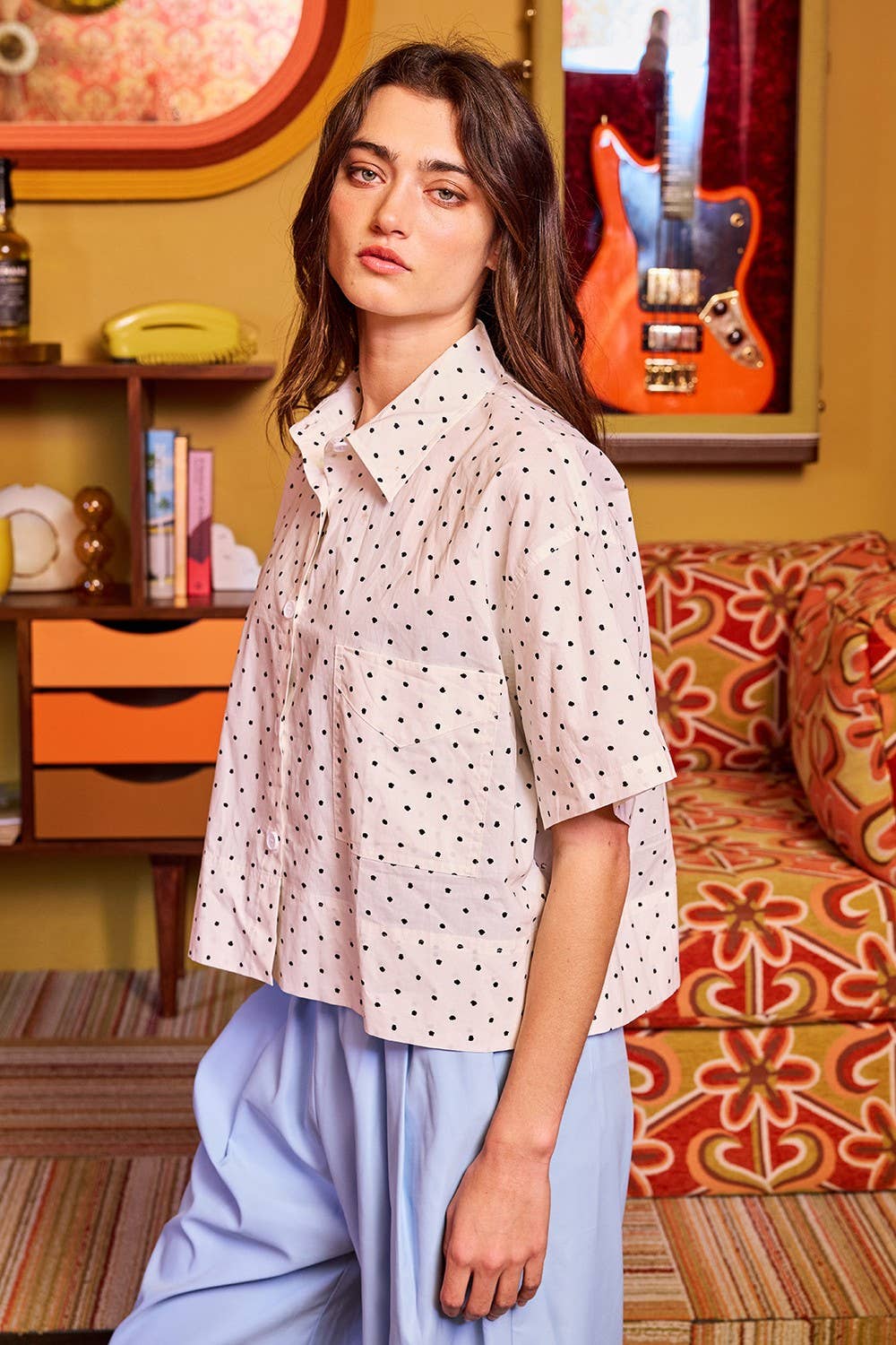 Polka-Dot Print Short sleeve Cropped shirts: Ivory/Black