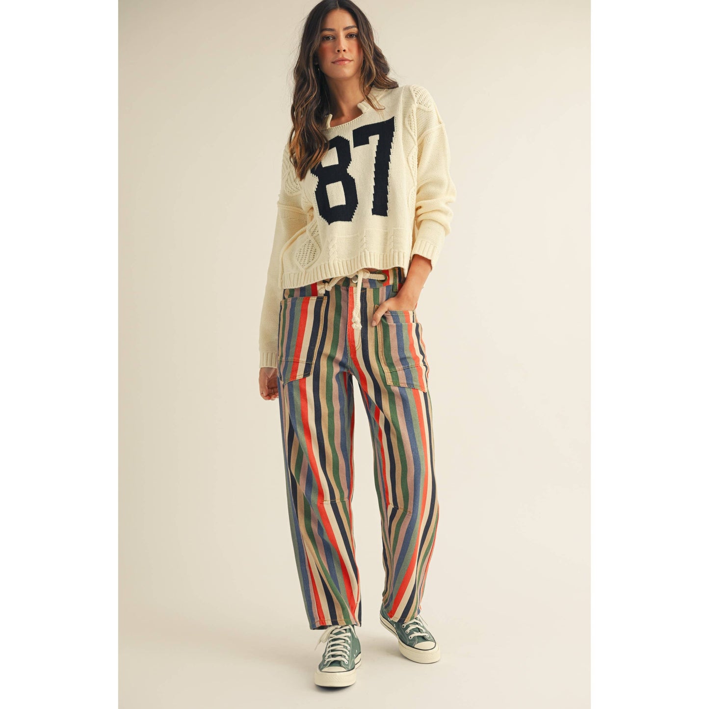 Washed Multi Stripes Rope String Relaxed Fit Pant