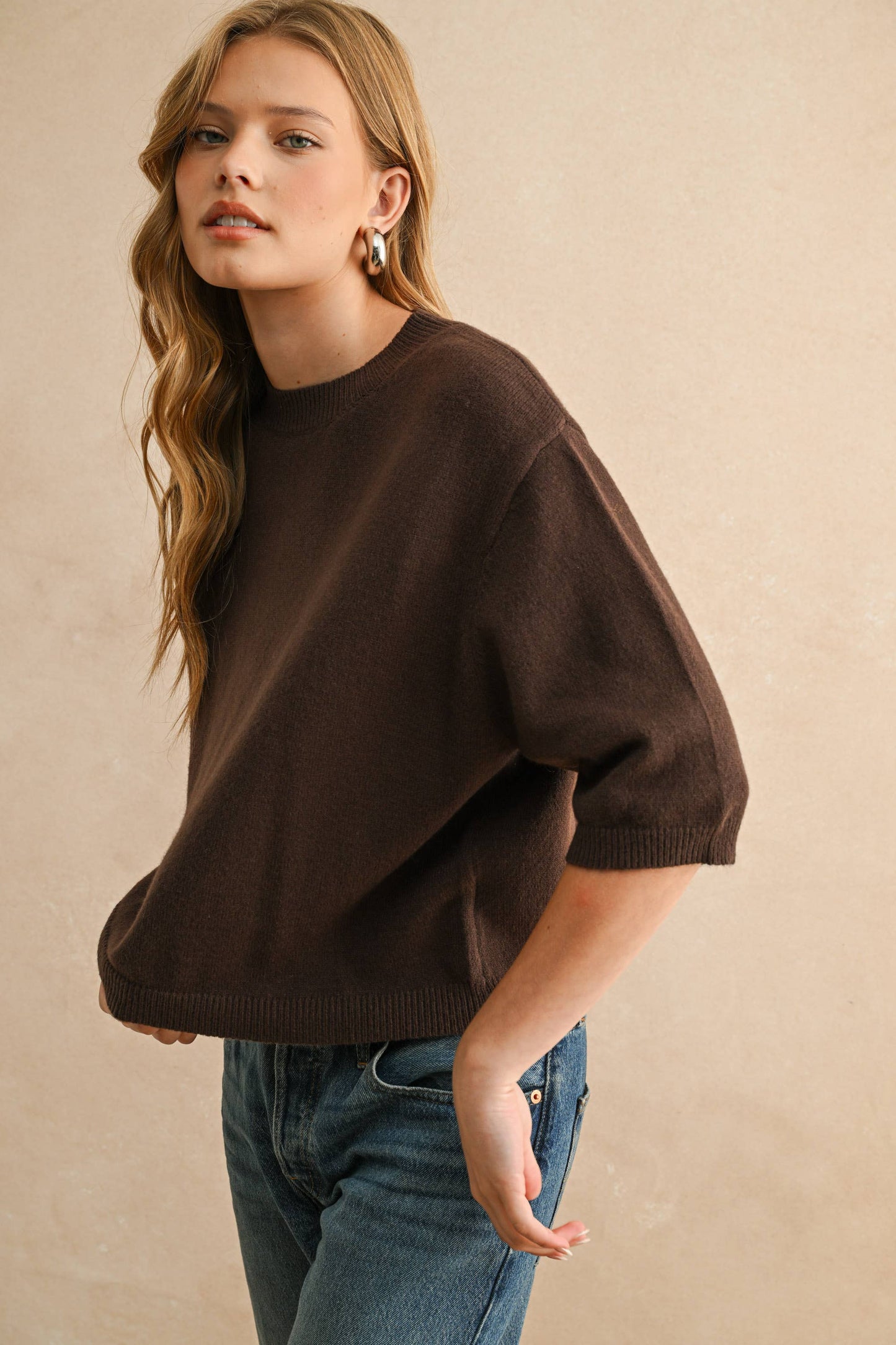 SHORT SLEEVE SWEATER TOP: Brown