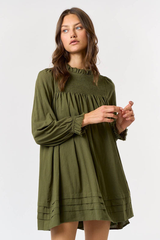 PUFF SLEEVE RUFFLED SMOCKING DETAIL MINI DRESS: OLIVE
