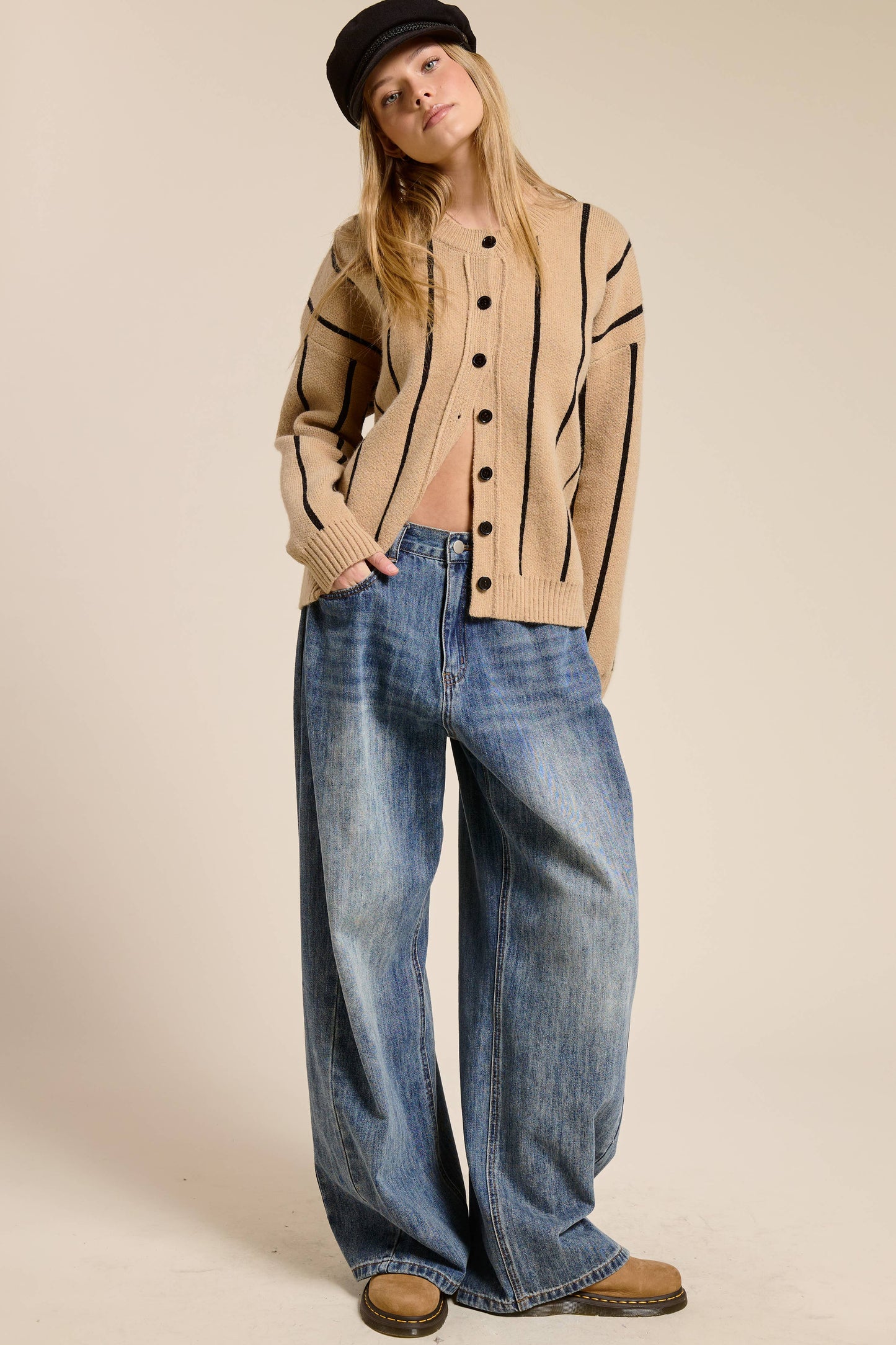 Striped Heavy Knit Cardigan: Taupe