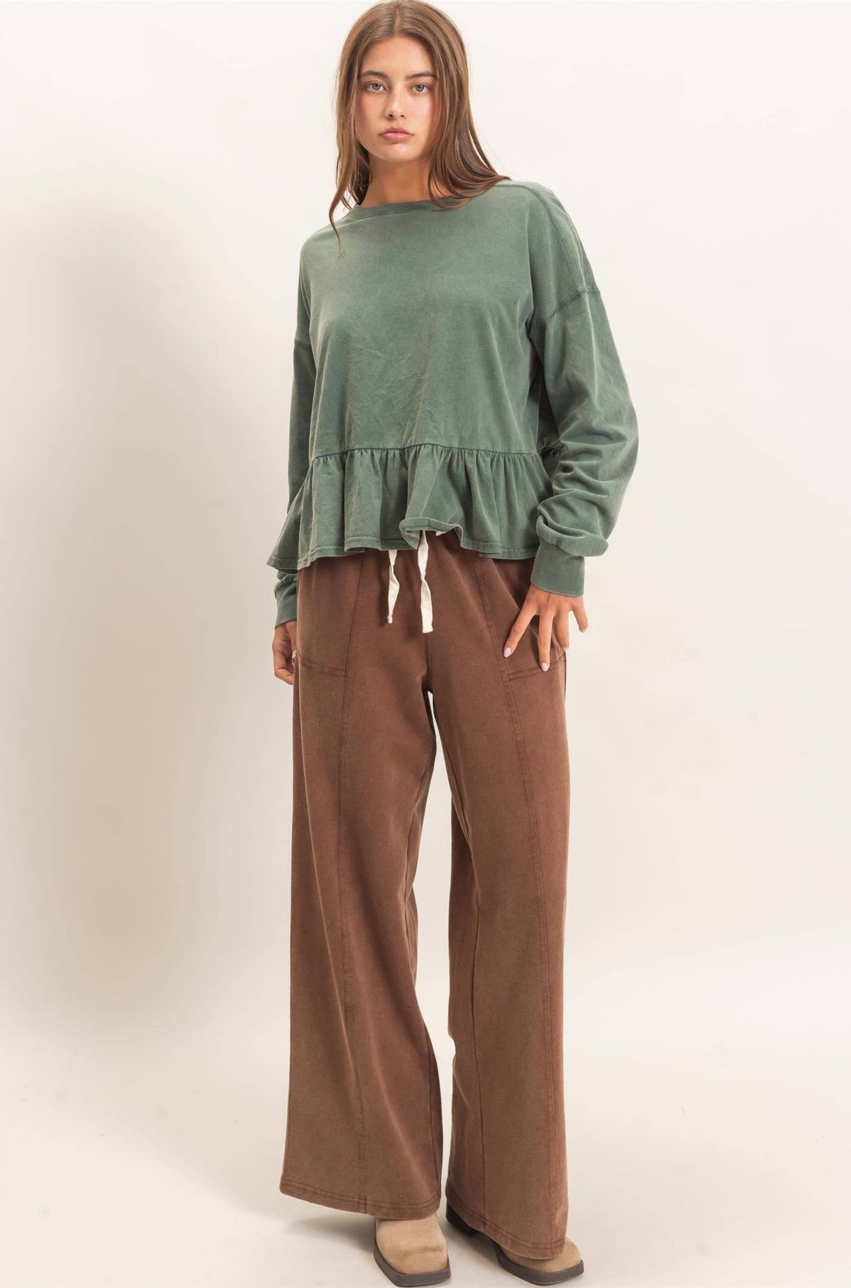 Acid Wash Drawstring Waist Wide Leg Pants: DARK BROWN
