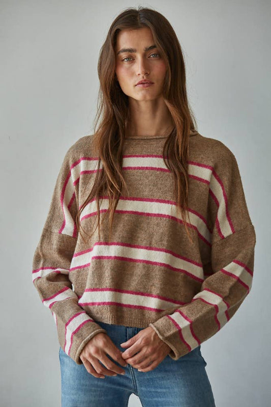 W2115 | Knit Sweater Polyester Acrylic Wool Spandex Striped : Mocha Multi