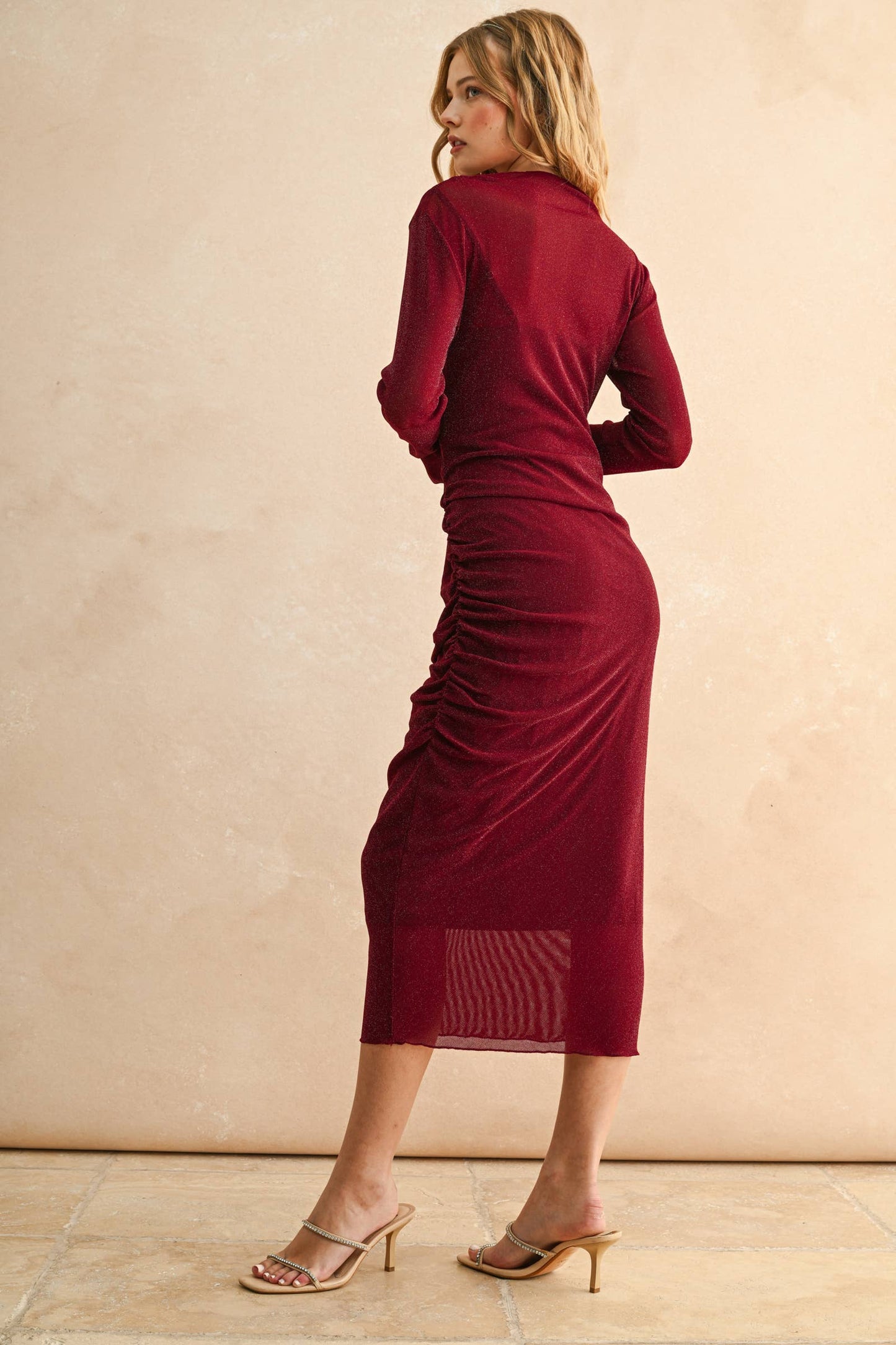 MESH DRAPED DRESS: ESPRESSO