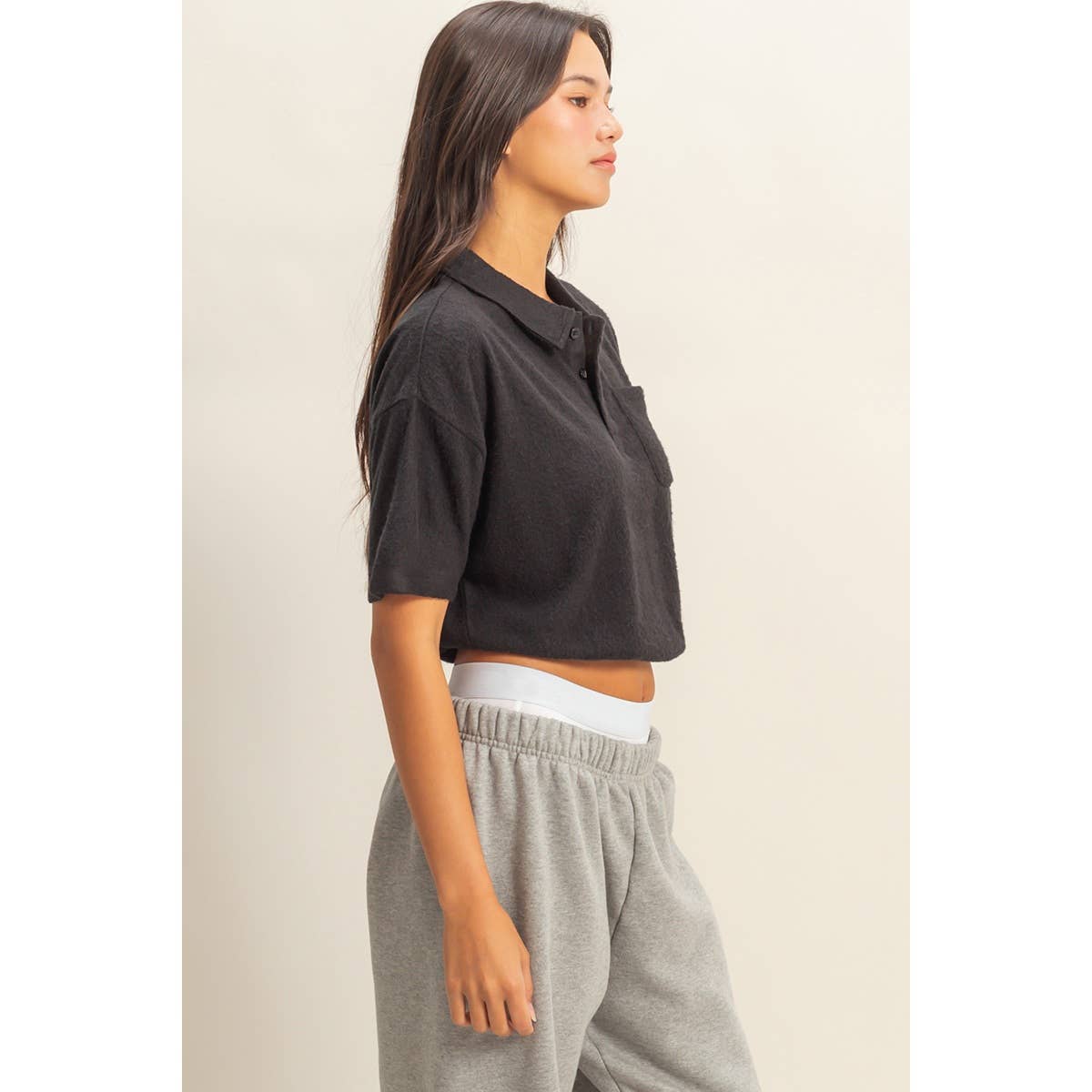 Collared Short Sleeve Crop Top: BLACK