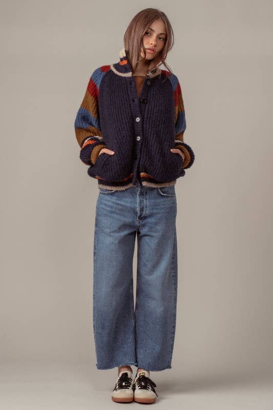 Chunky Rib-Knit Faux Fur Lined Cardigan: NAVY