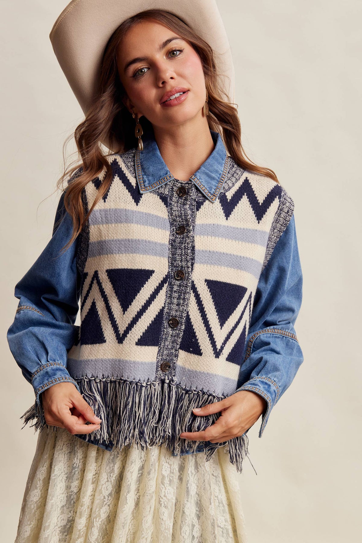 Western Fringe Knit Sweater Vest: Navy
