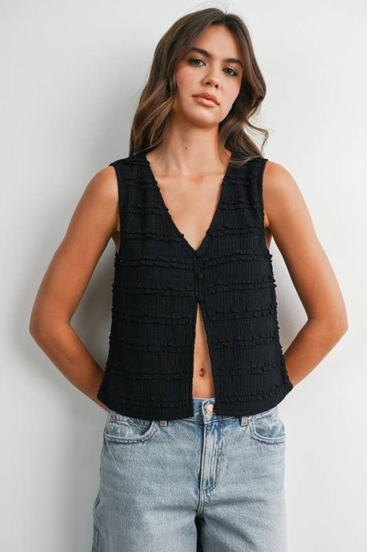 Textured Sleeveless Button-Front Vest Top: BLACK