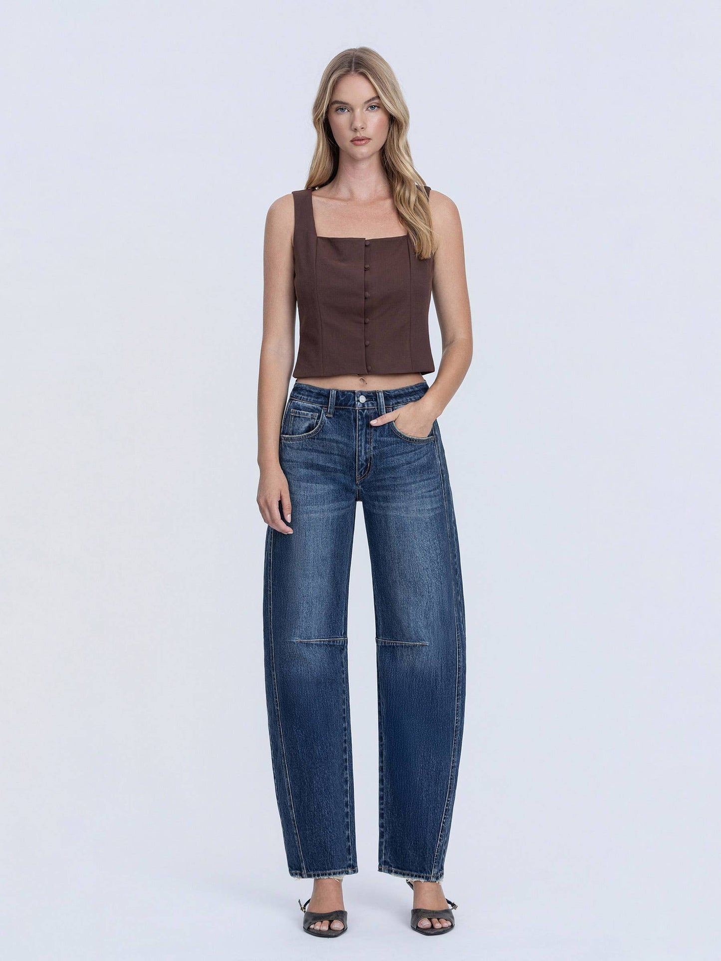 HIGH RISE DARK WASH FULL LENGTH BARREL JEANS