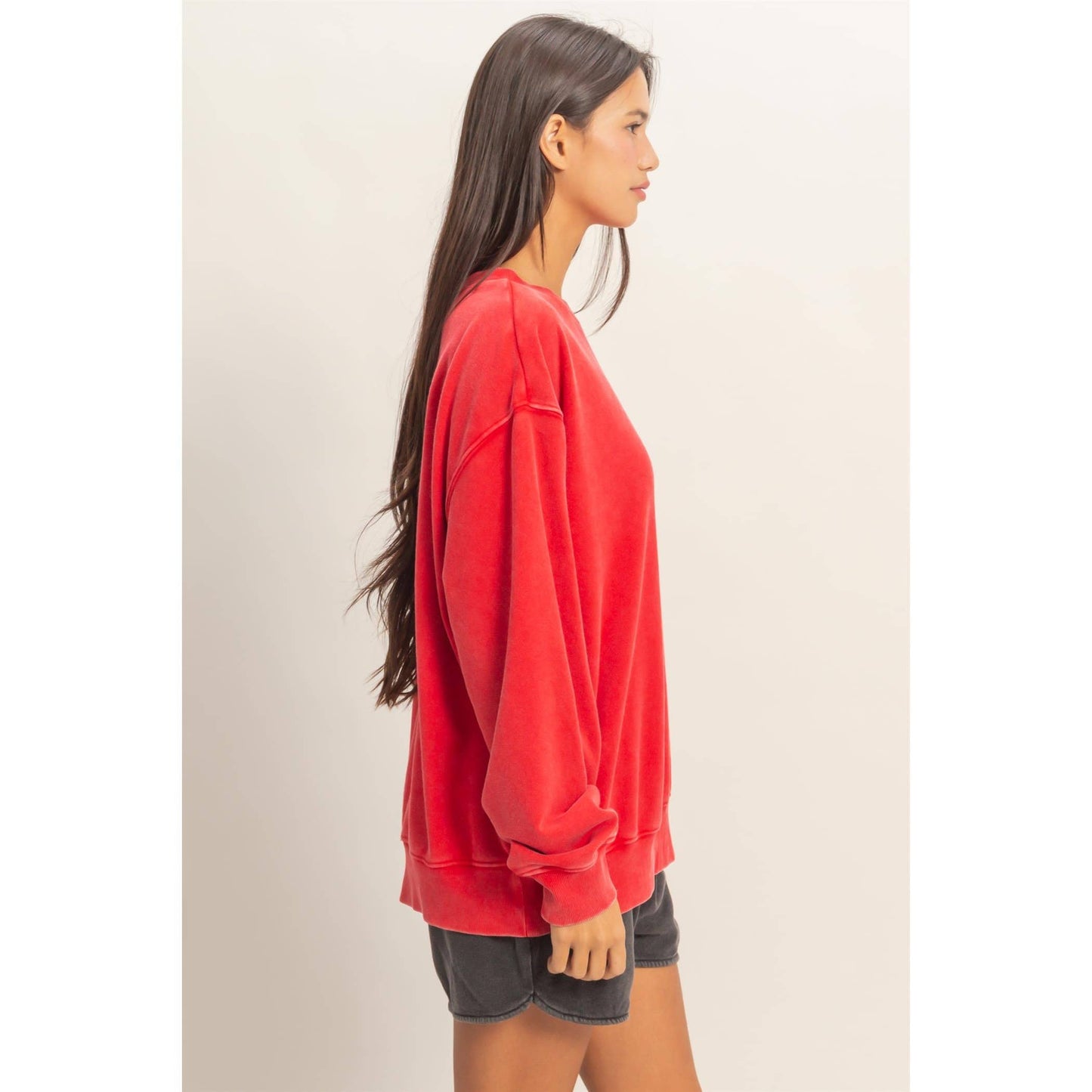 Mineral Washed Crew Neck Sweatshirt: RED