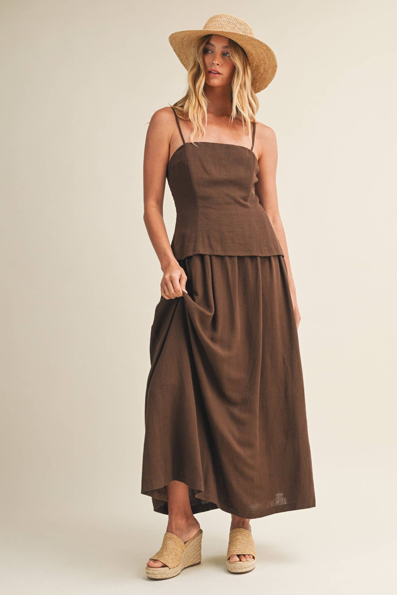 Tiered Bodice Maxi Dress: Brown