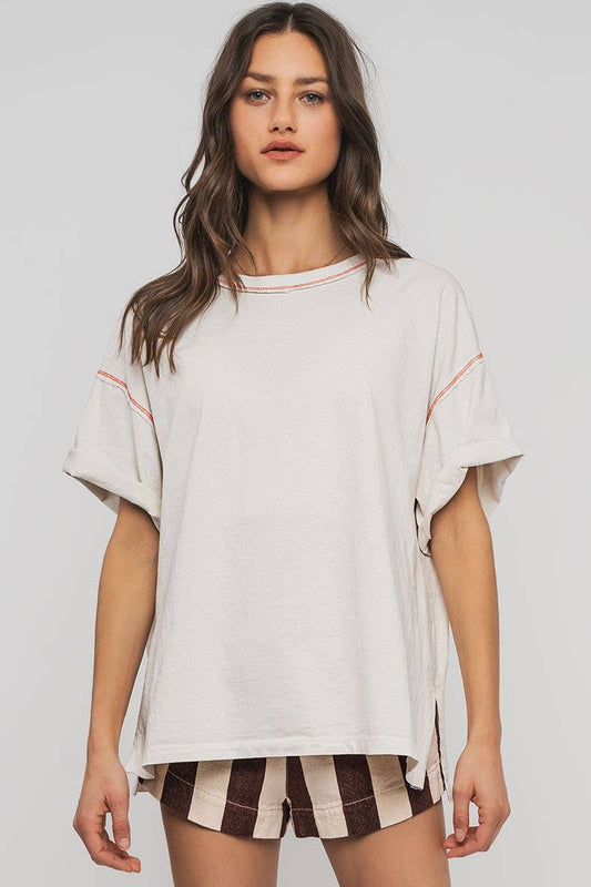 Contrast Stitch Mineral Wash Oversized Tee: CHALK