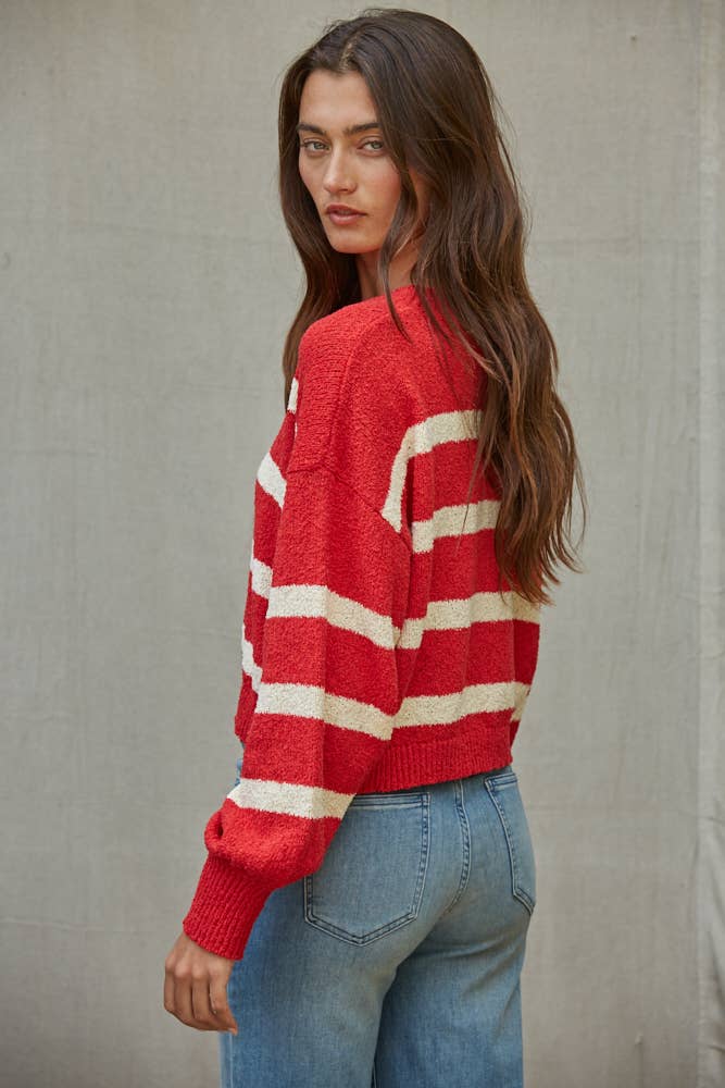 Knit Sweater Striped Crewneck Long Sleeve Top: Red Cream