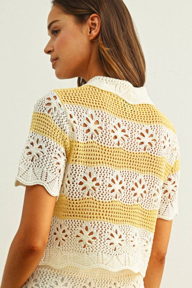 FLORAL CROCHET KNIT TOP: CREAM/CUSTARD
