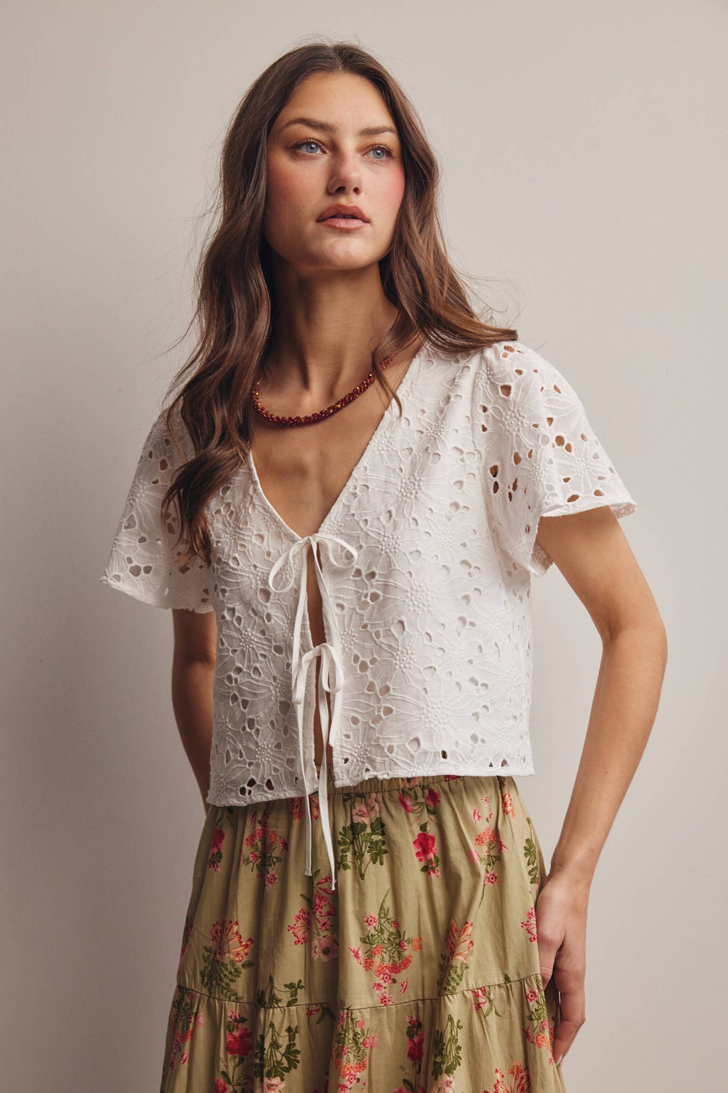 Eyelet Tie-Front Lined Cotton Top: Ivory