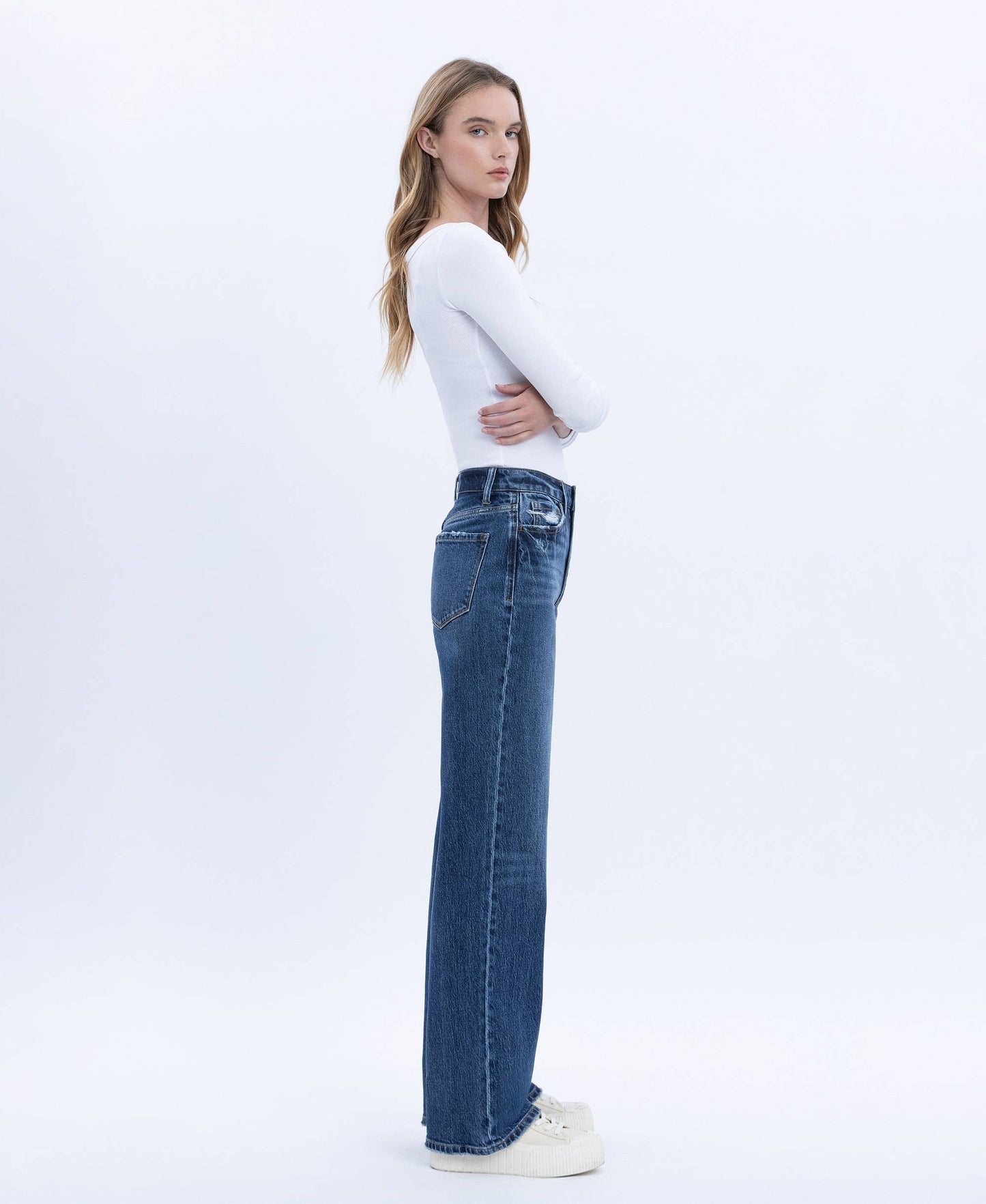 90'S SUPER HIGH RISE DARK WASH WIDE JEANS T6242DK: DARK WASH