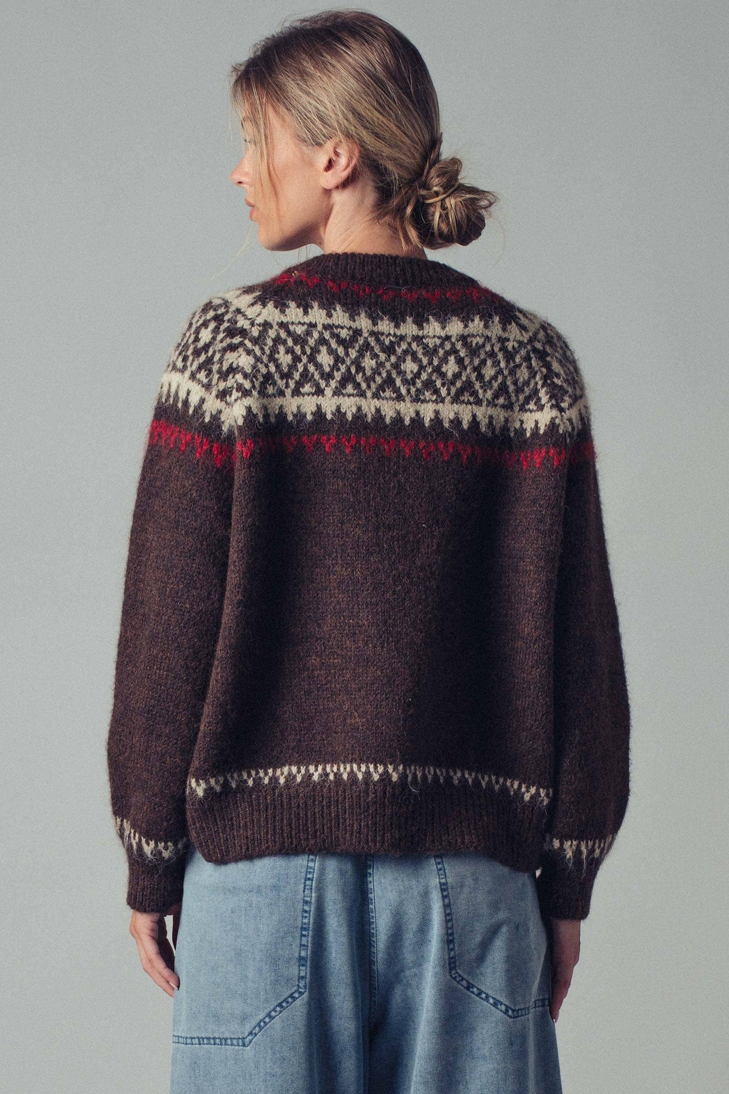 Fair Isle Nordic Toggle Knit Cardigan: BROWN