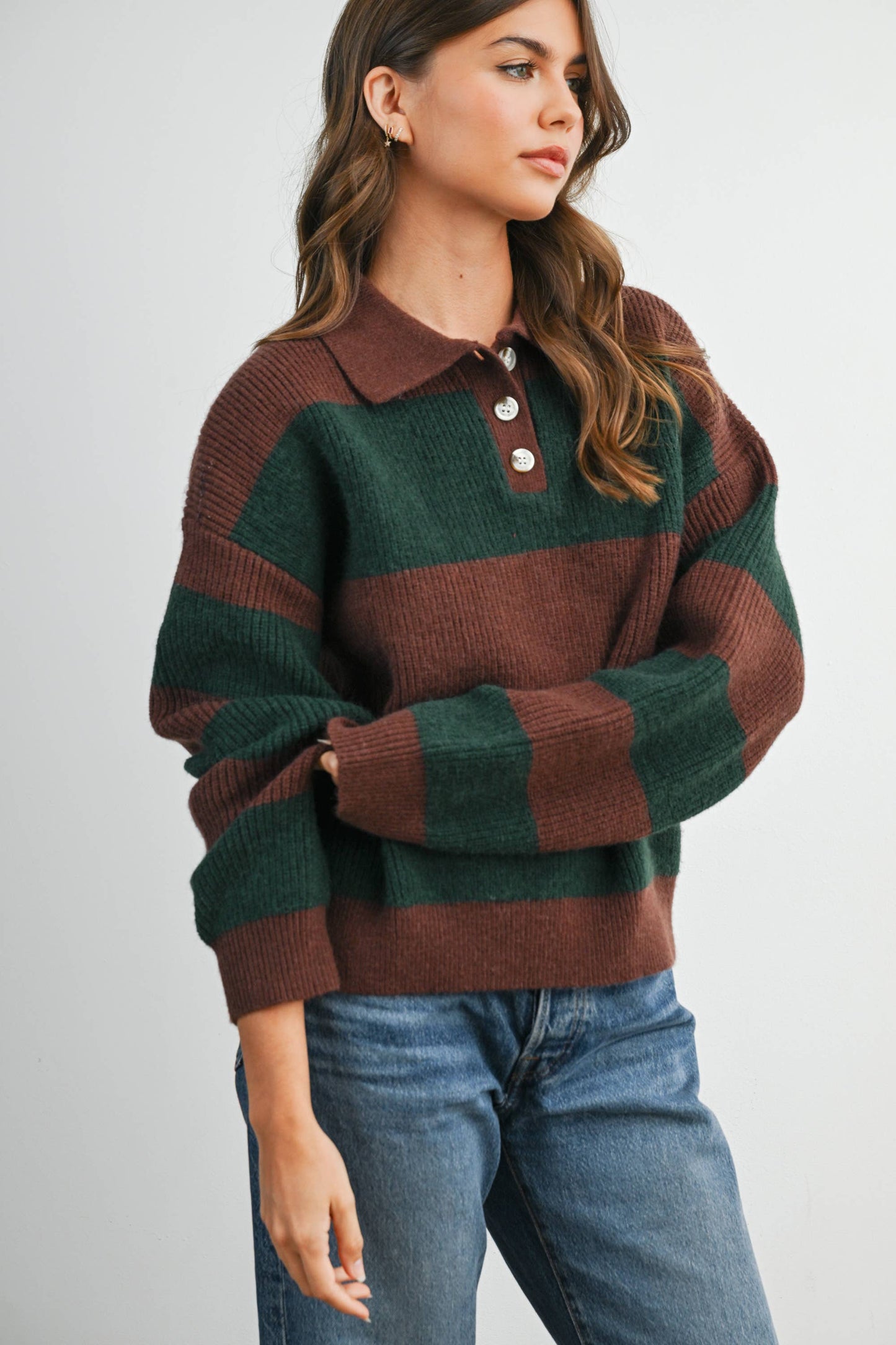 Striped Color Block Collared Sweater: BROWN / OLIVE