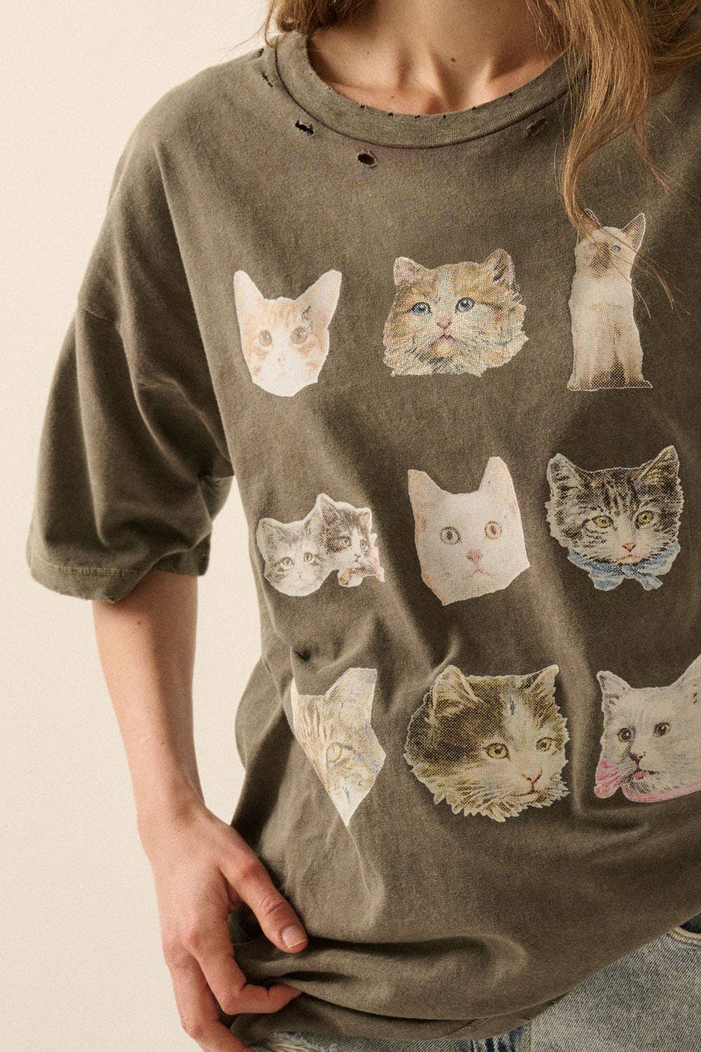 Cat Photos Distressed Oversize Graphic Tee: Iron