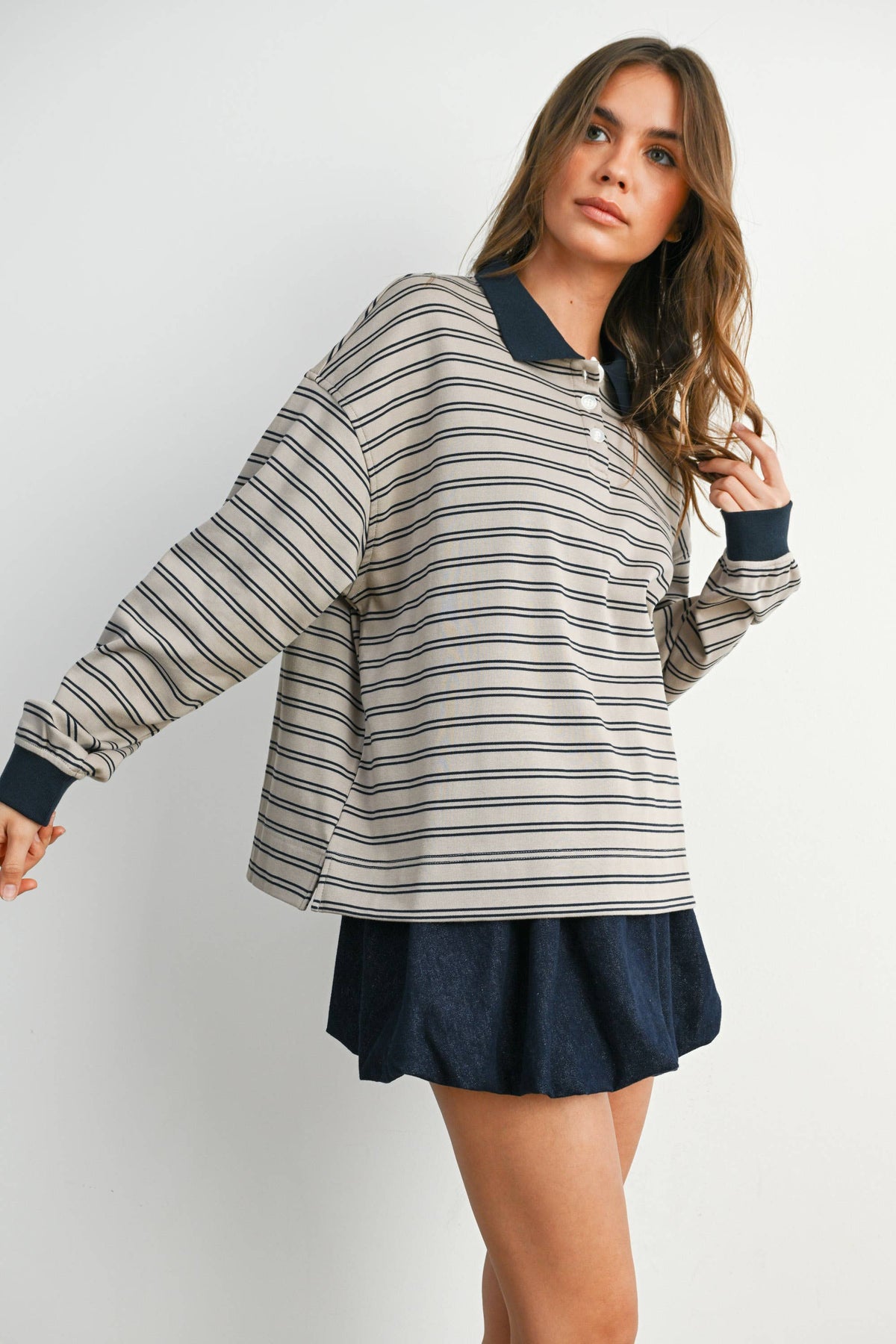 Quarter-Button Striped Collared Long Sleeve Top: TAUPE / NAVY