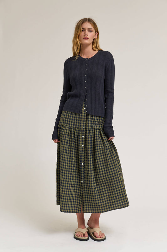 FRONT BUTTON CHECK SKIRT: OLIVE