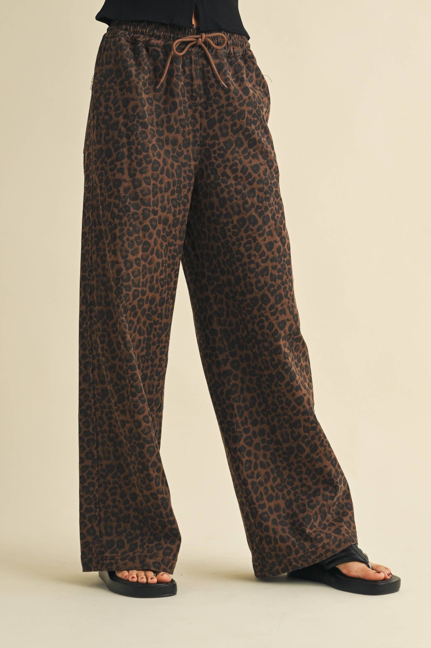 LEOPARD PRINT WIDE DENIM TRACK PANTS