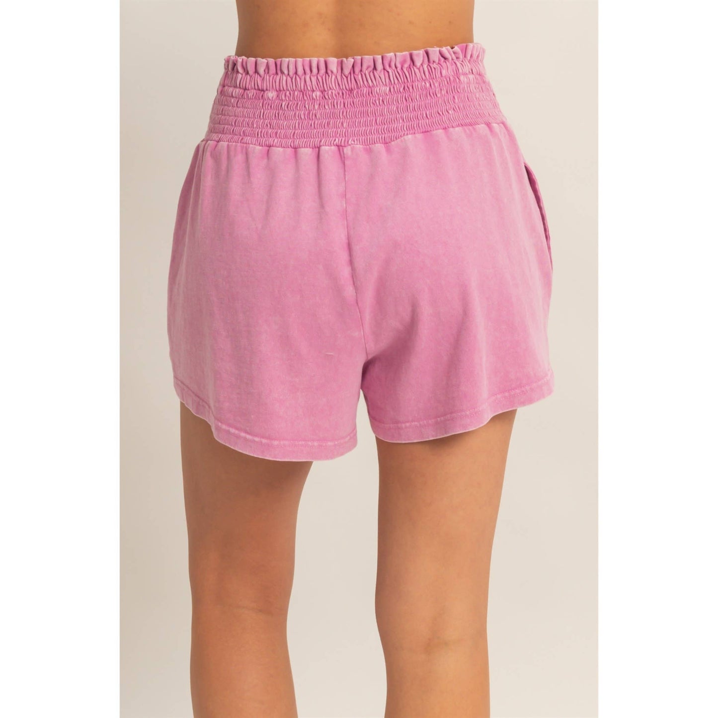 Smocked Waist Mineral Wash Shorts: FUCHSIA