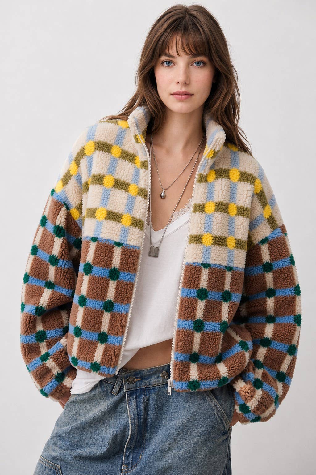 MIXED PLAID COLOR BLOCK SHERPA ZIP-UP JACKET: BROWN/CREAM