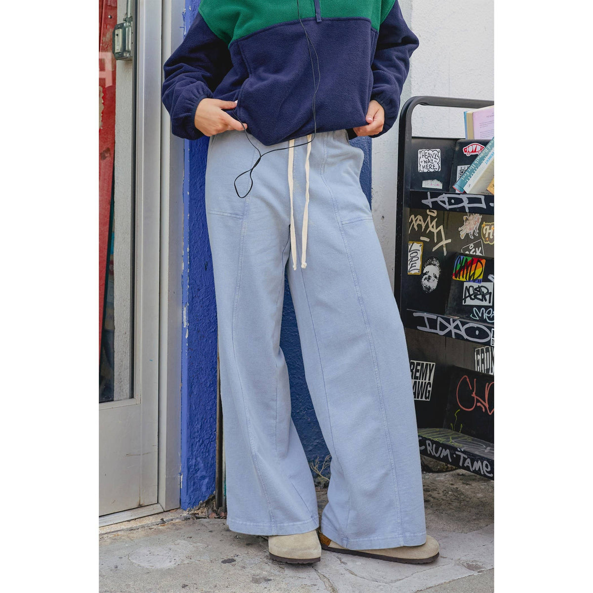 Acid Wash Drawstring Waist Wide Leg Pants: DUSTY BLUE