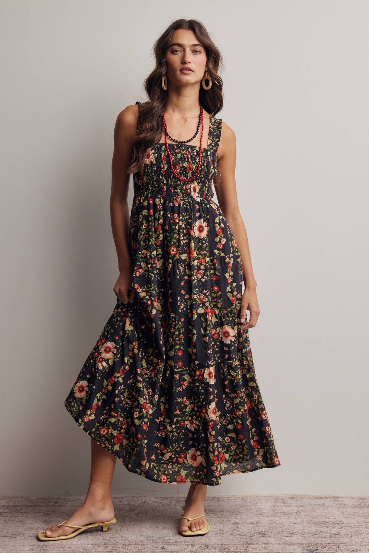 Floral Smocked Tiered Midi Dress: Black