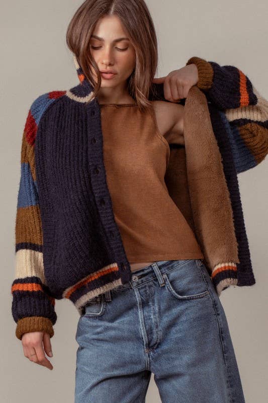 Chunky Rib-Knit Faux Fur Lined Cardigan: NAVY