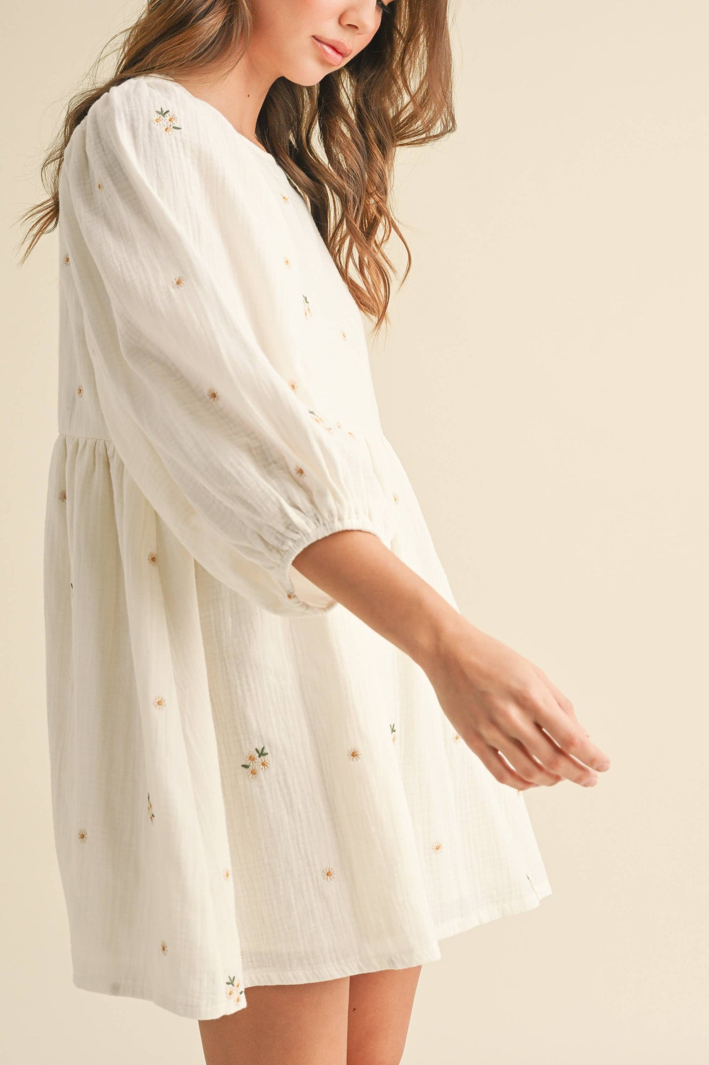 FLORAL GAUZE PUFF SLEEVE BABYDOLL MINI DREES