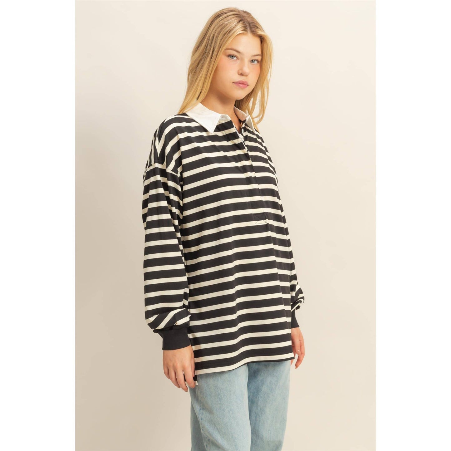 Classic Stripe Rugby Polo With Collar Shirt: BLACK/CREAM