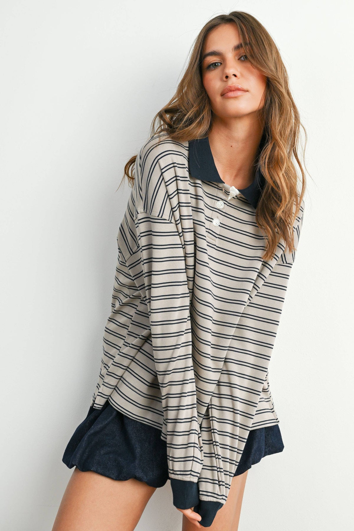Quarter-Button Striped Collared Long Sleeve Top: TAUPE / NAVY