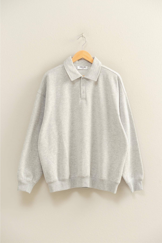 Oversized Polo Collared Pullover: HEATHER GRAY