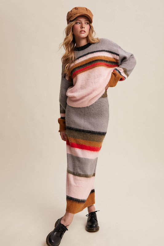 Striped Fuzzy Knit Sweater & Skirt: Light Pink Multi