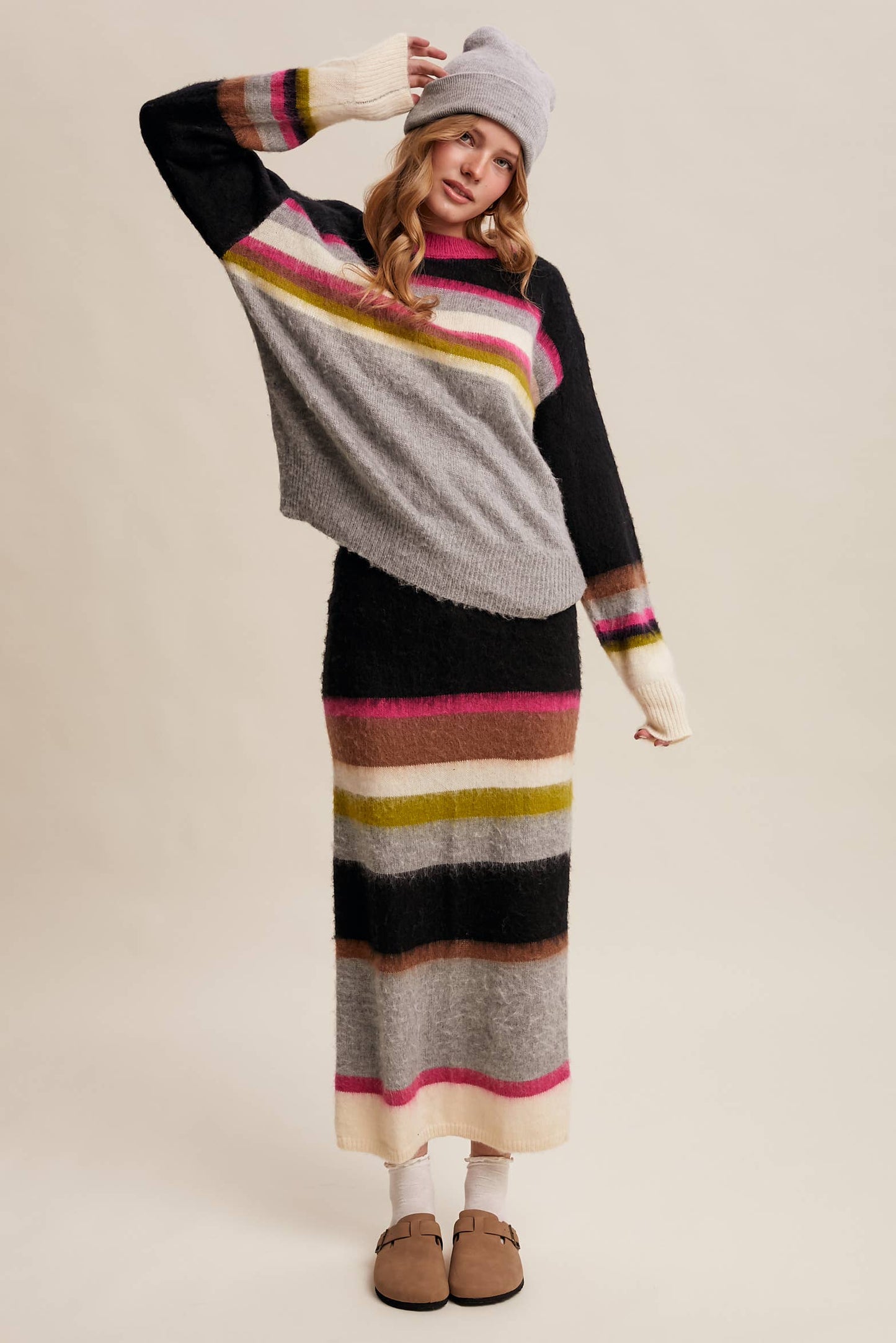 Striped Fuzzy Knit Sweater & Skirt: Light Pink Multi