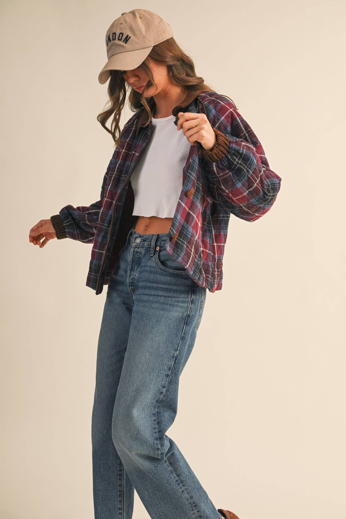 PLAID QUILTED JACKET WITH CONTRAST CORDUROY DETAIL: Mulberry Plaid