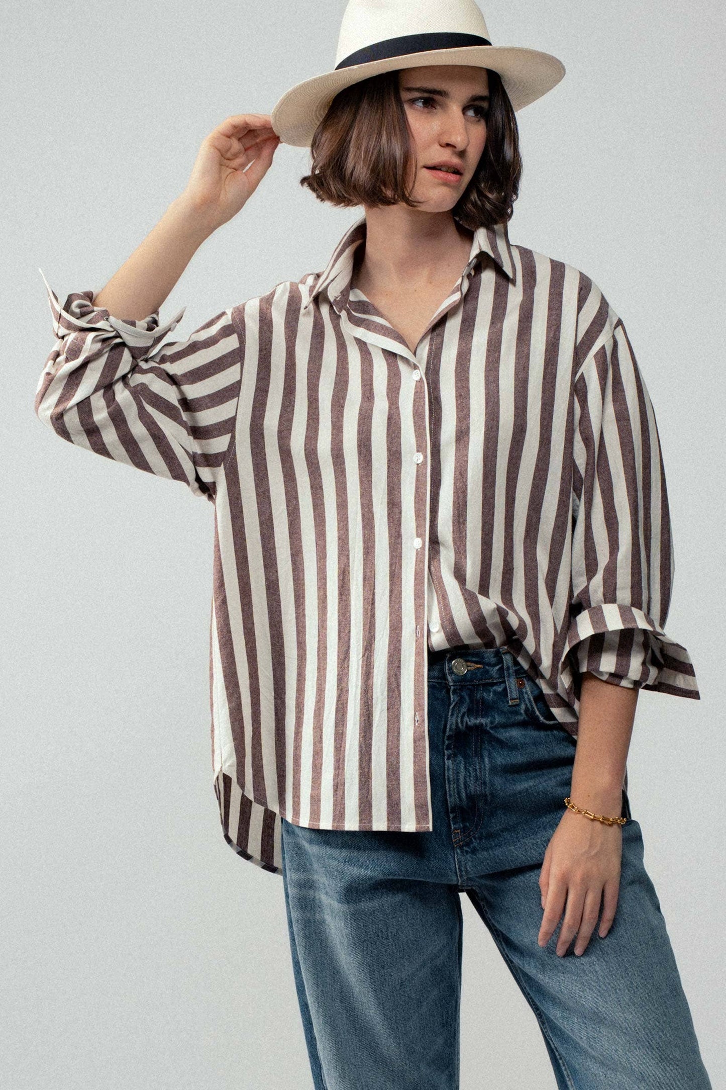 Oversized Stripe Button Down Collared Shirt: Brown
