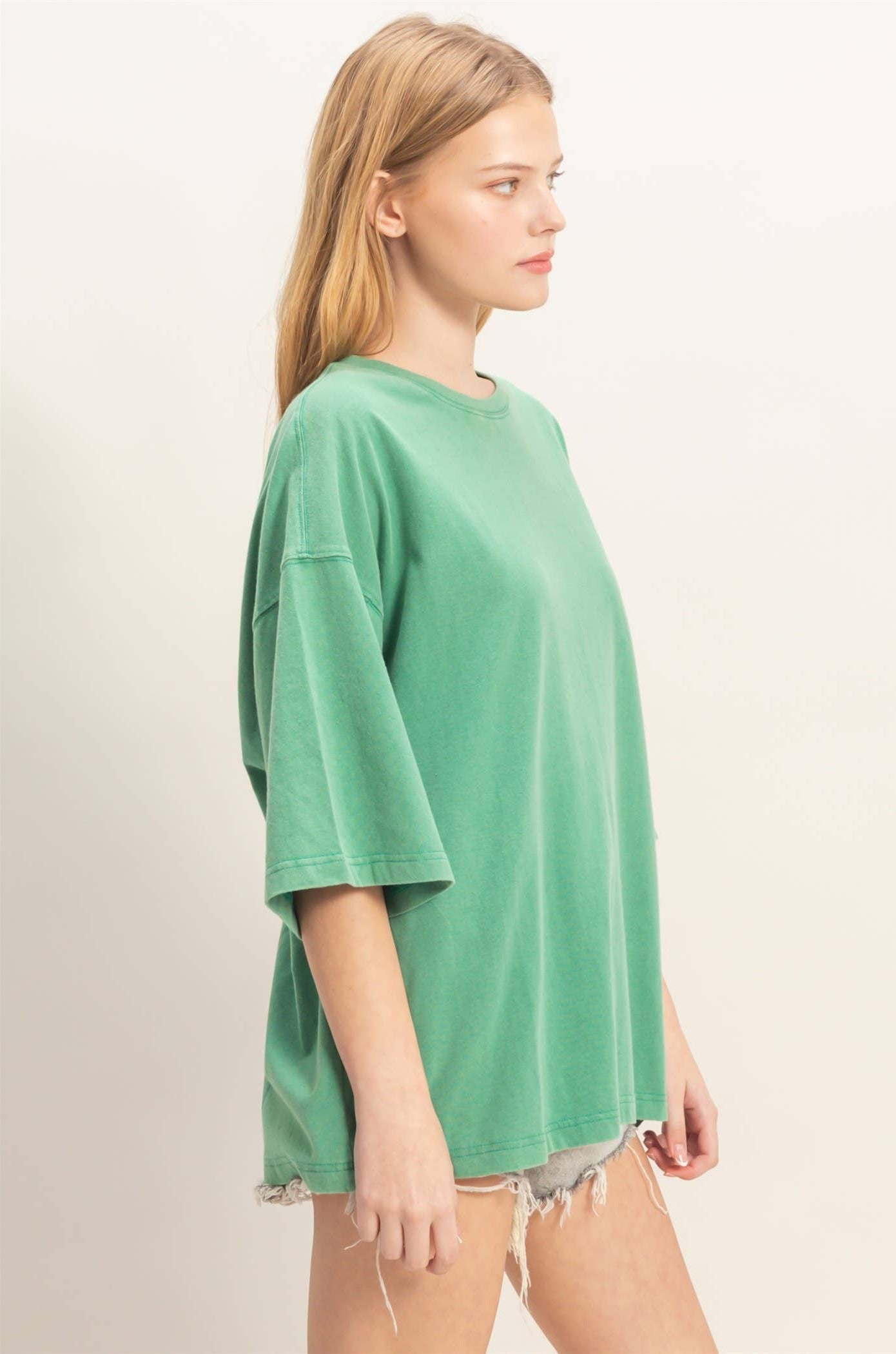 Washed Oversized Crew Neck Top: GREEN