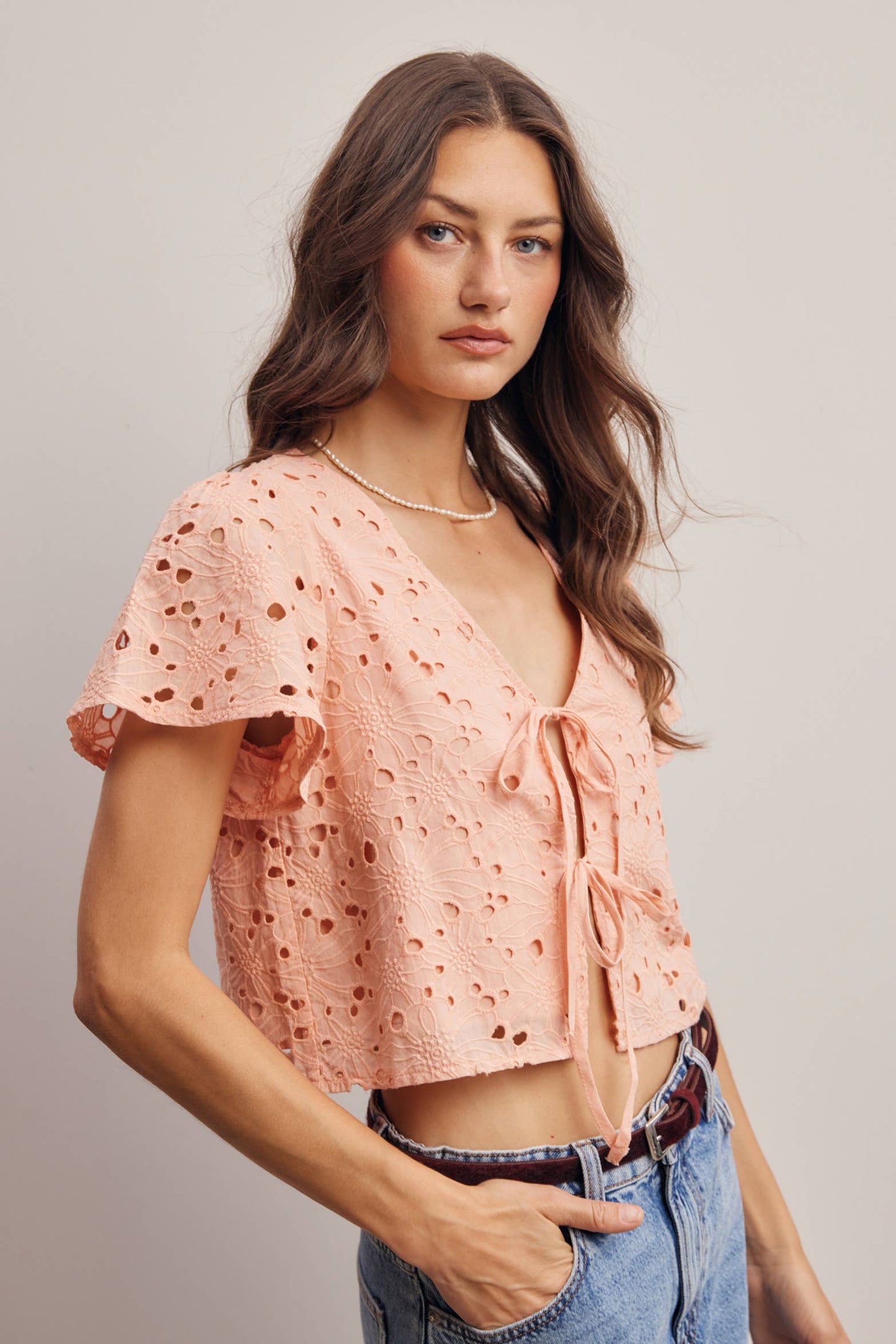 Eyelet Tie-Front Lined Cotton Top: Ivory