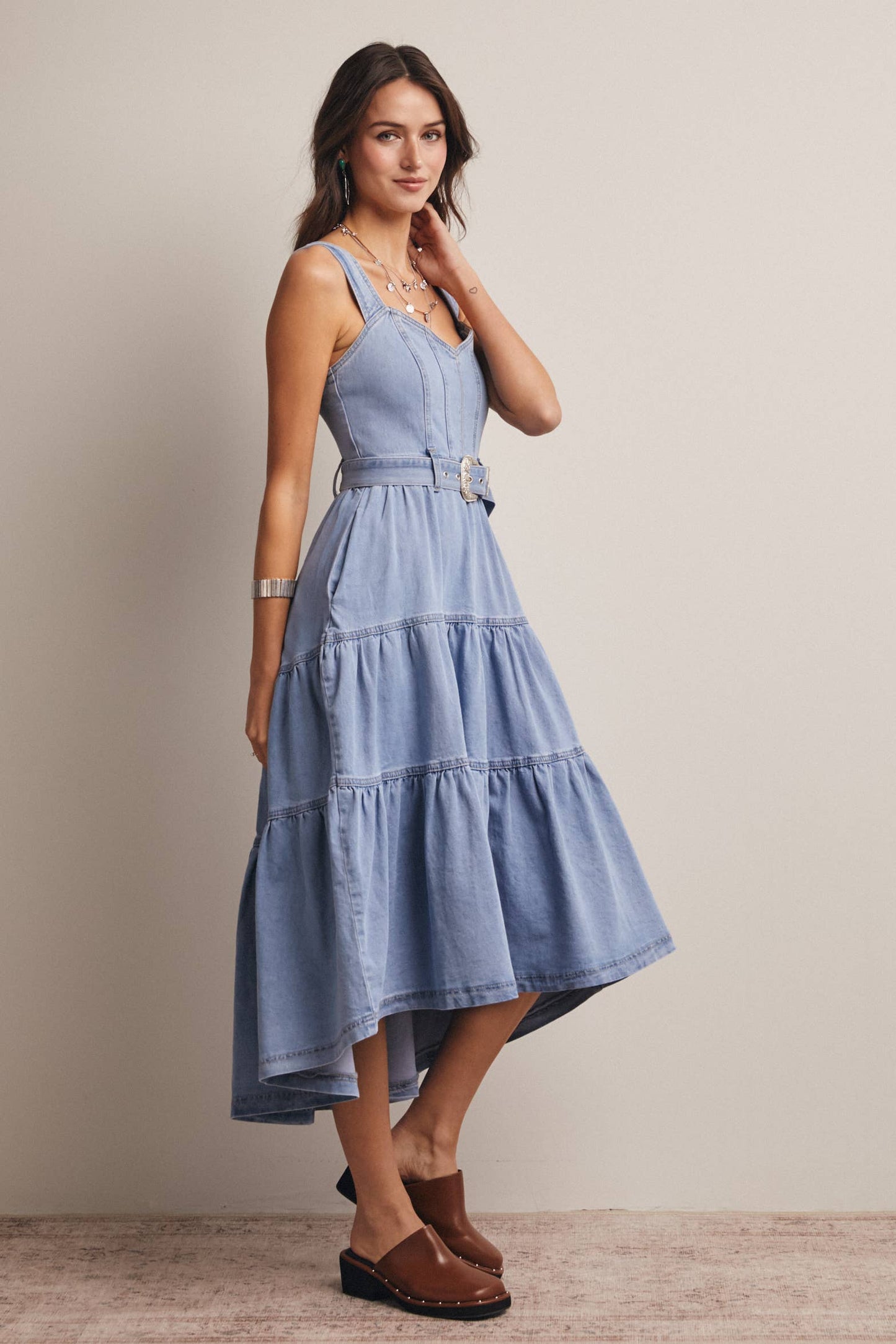 Tiered Denim Maxi Dress: Cloud Wash