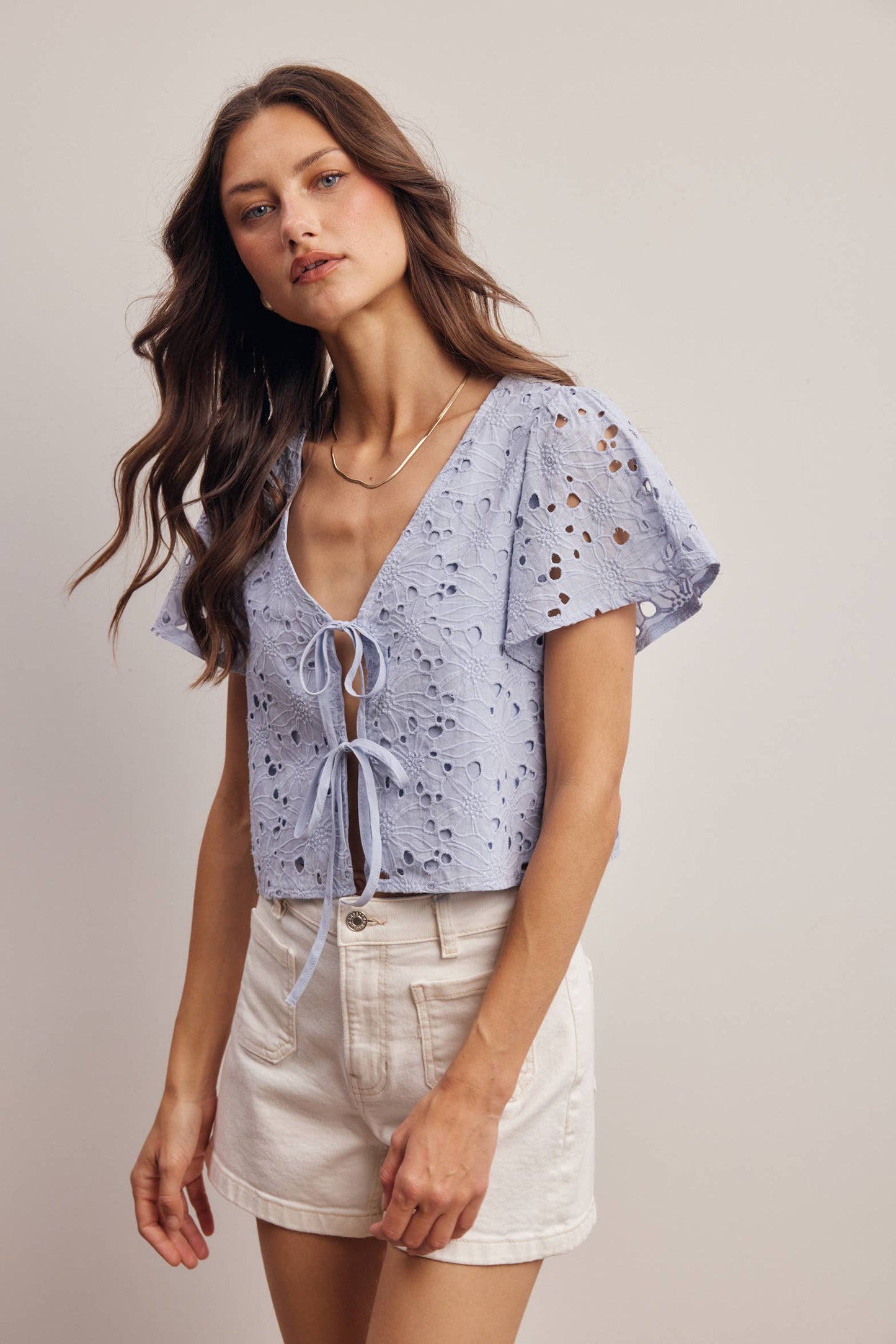 Eyelet Tie-Front Lined Cotton Top: Ivory