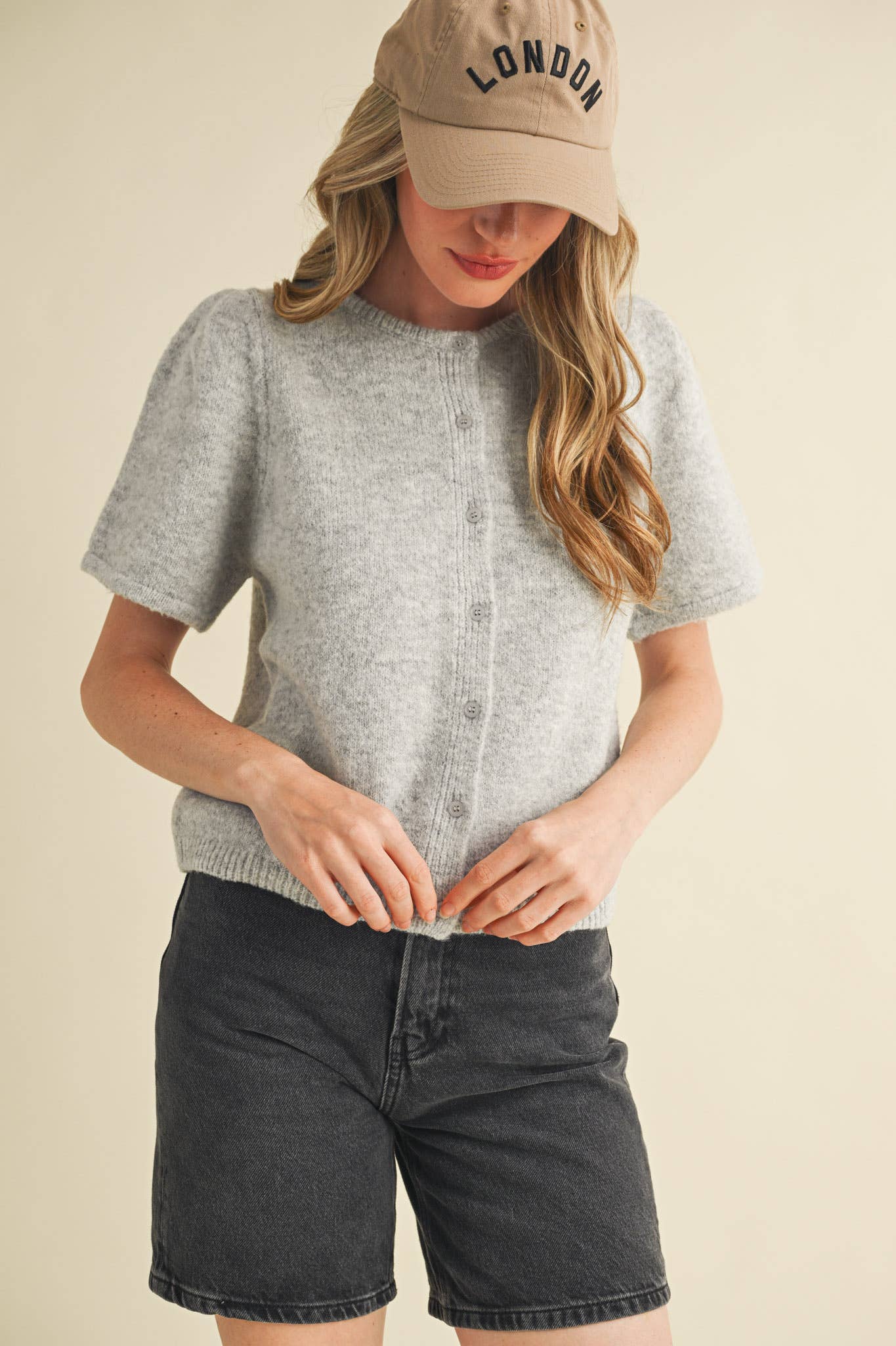 SHORT PUFF SLEEVE SWEATER CARDIGAN: H GREY