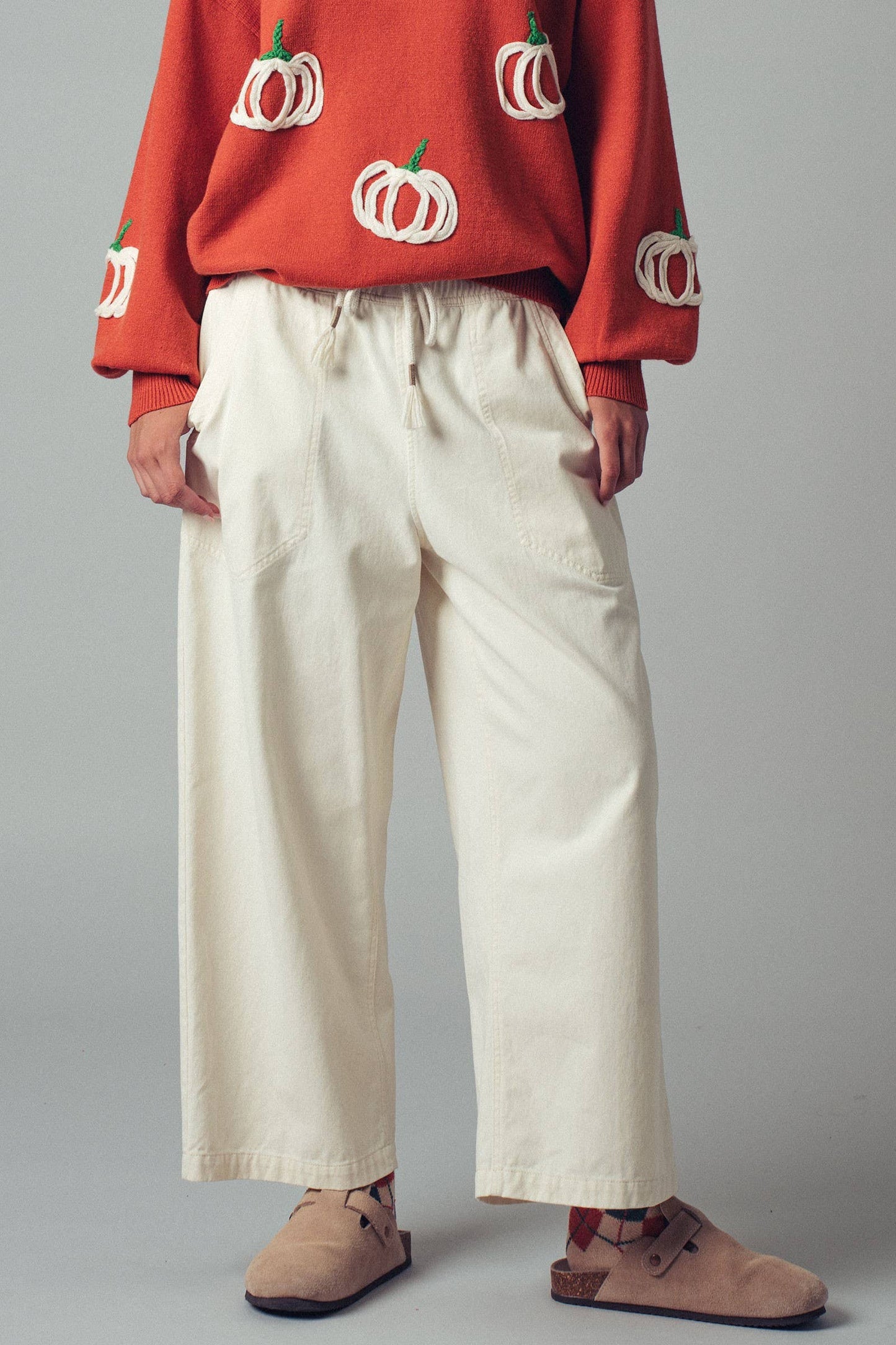 Coastal Breeze Wide-Leg Denim Pants: CHALK