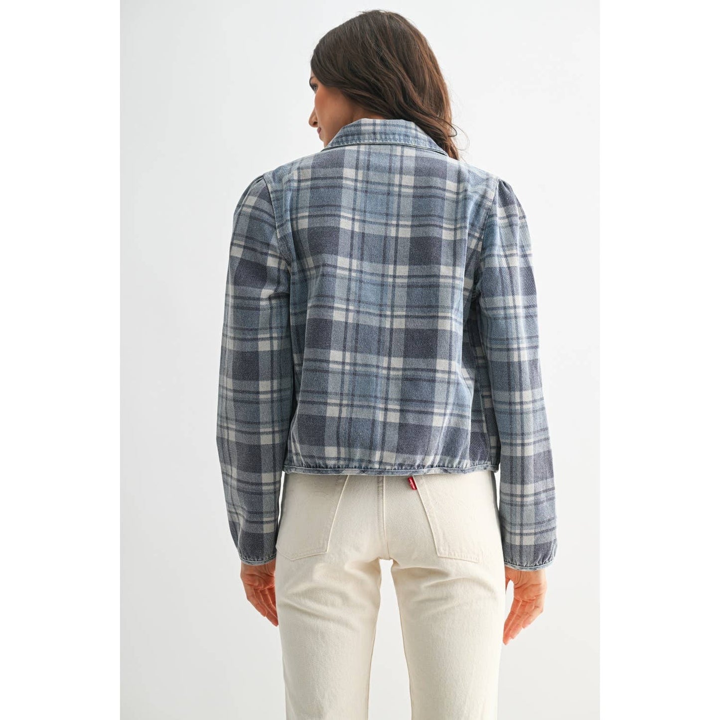 PLAID DENIM JACKET: MEDIUM DENIM WASH PLAID / S-M-L(3-2-1)