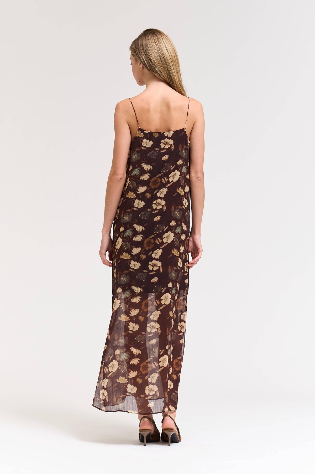 SPAGHETTI STRAP MAXI DRESS: CHOCOLATE